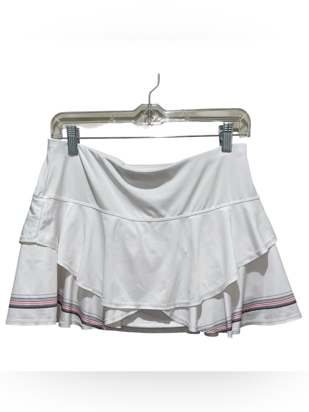 Lucky in Love White Tiered Mini Skirt with Pink and Black Stripe Trim